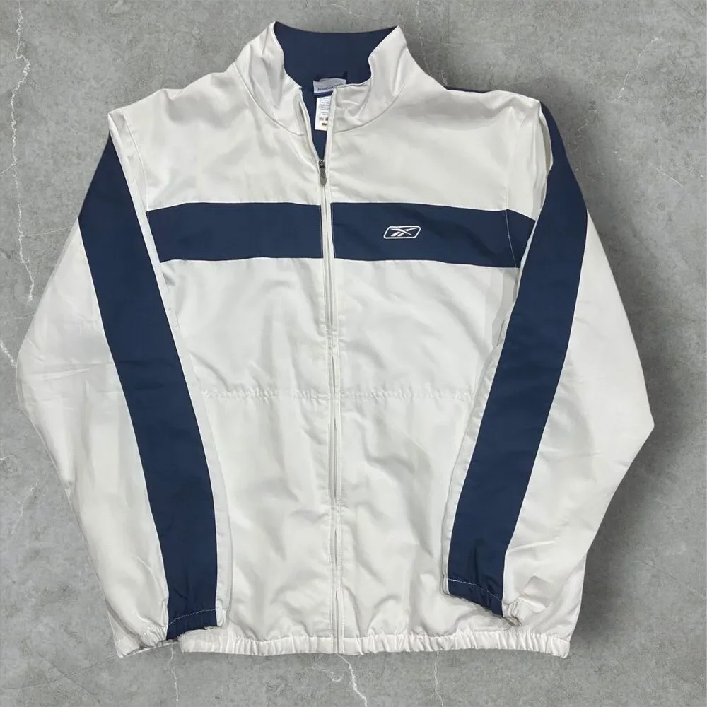 Reebok Athletic Vintage Y2K Full Zip White Navy Windbreaker Jacket Men's Size XL